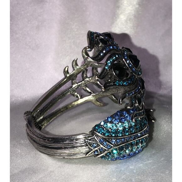 Peacock Bracelet Art Deco Rhinestone Hinged Cuff Wrap Clamp Aqua Blue - Picture 3 of 11